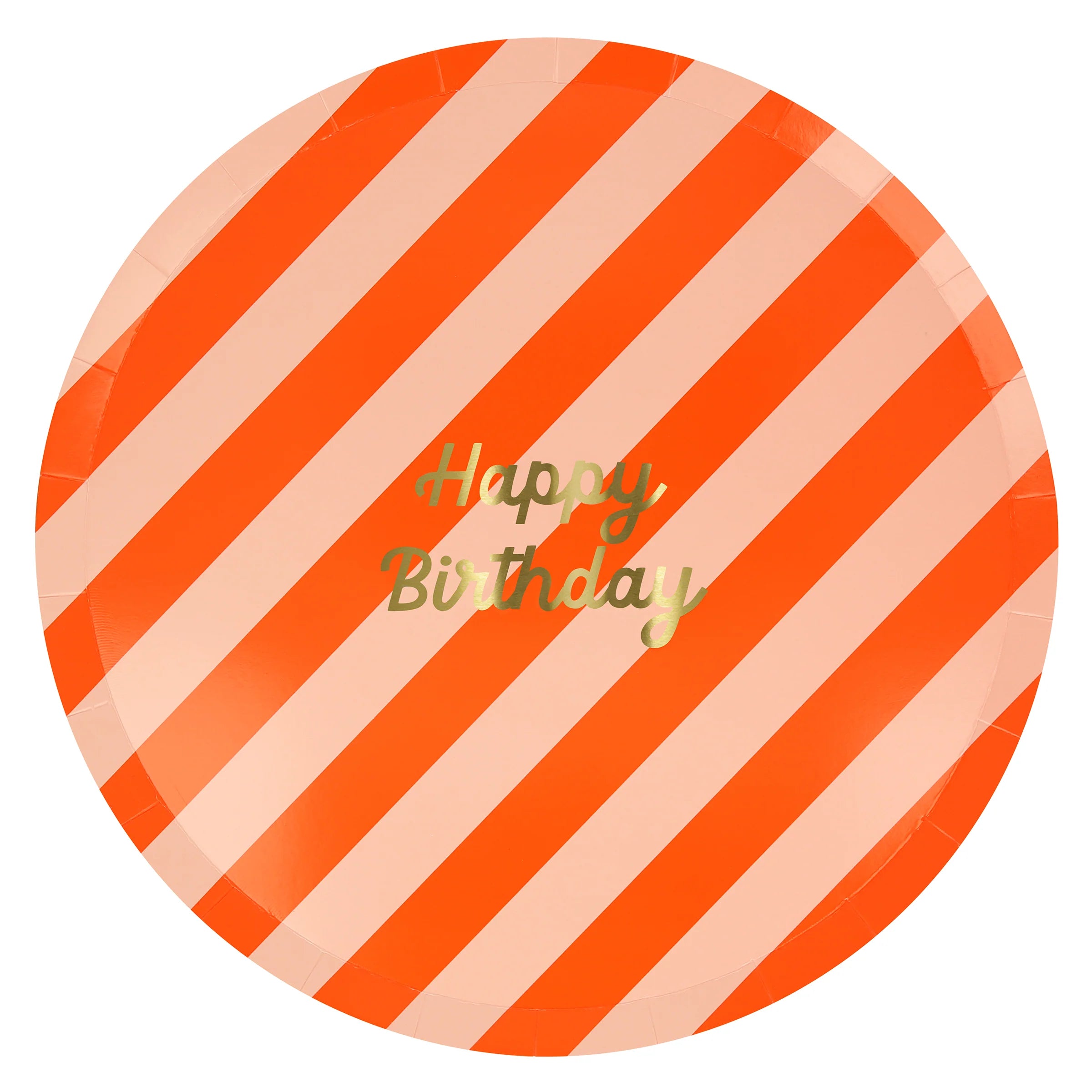 Meri Meri Stripe Happy Birthday Dinner Plate in red and peach stripes with gold lettering