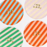 Meri Meri Stripe Happy Birthday Dinner Plates in red, green, blue and pink stripes with gold lettering