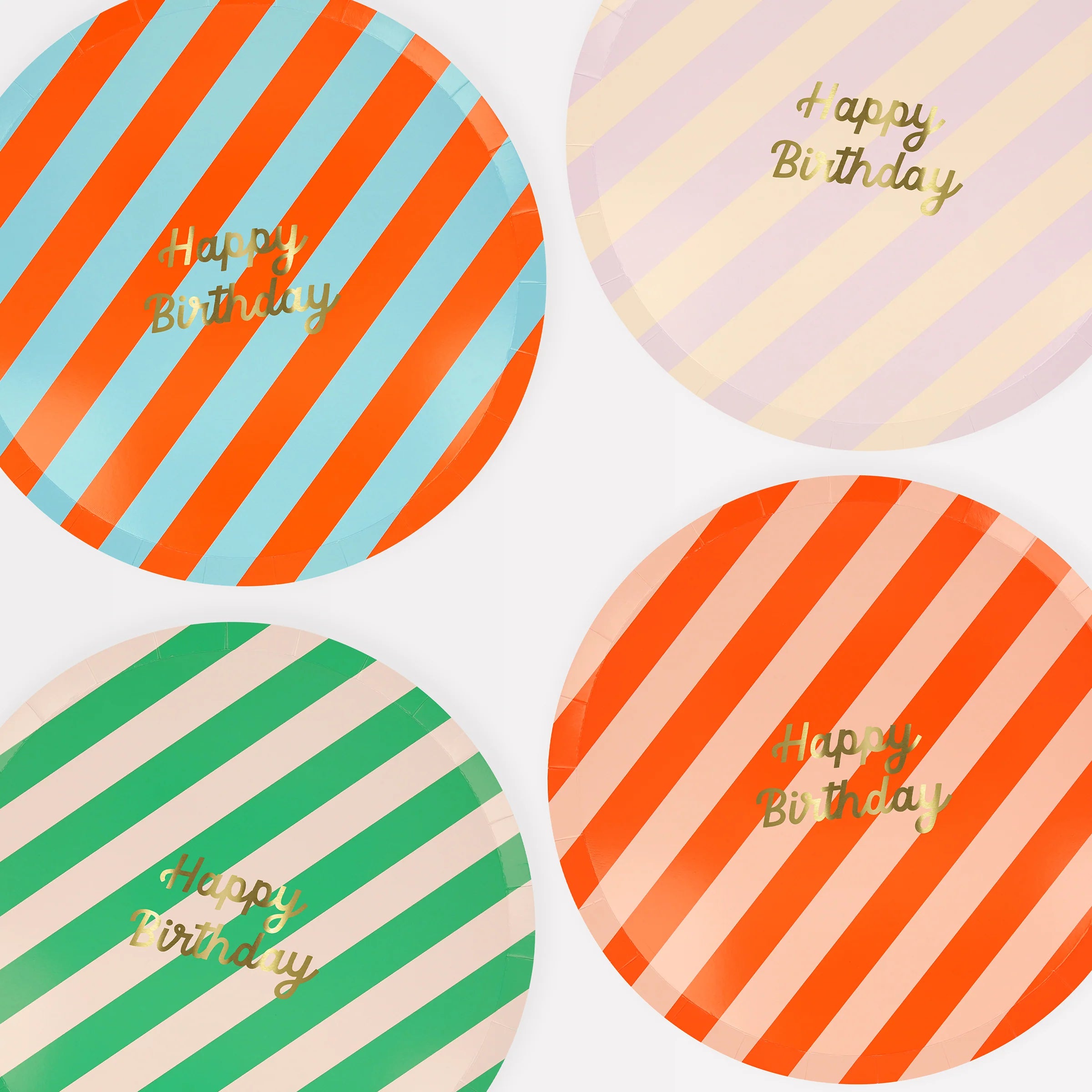 Meri Meri Stripe Happy Birthday Dinner Plates in red, green, blue and pink stripes with gold lettering