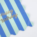 Close-up of the Meri Meri Stripe Happy Birthday Large Napkin in blue and mint stripes