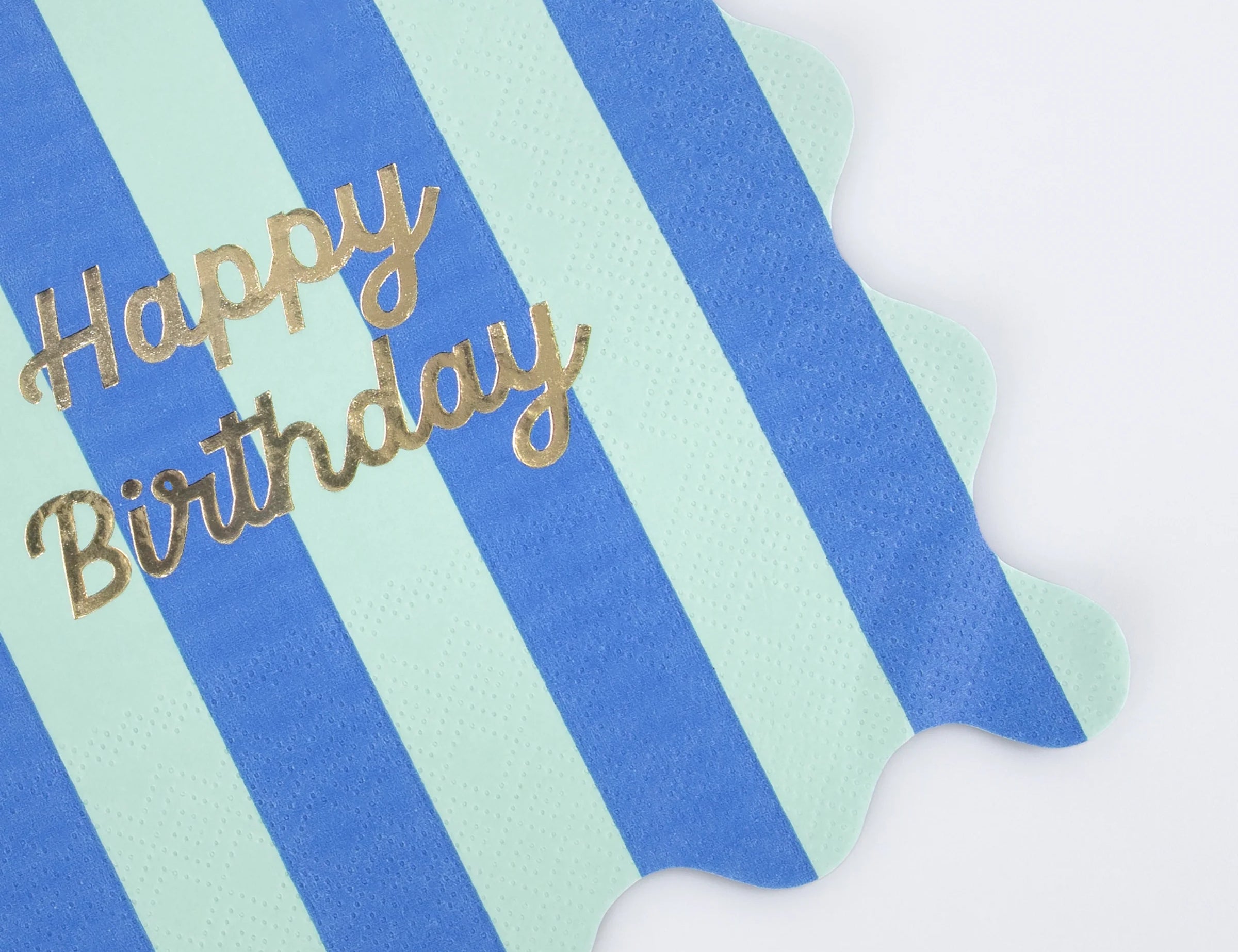 Close-up of the Meri Meri Stripe Happy Birthday Large Napkin in blue and mint stripes