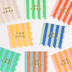 Meri Meri Stripe Happy Birthday Large Napkins in assorted colorful stripes with gold lettering