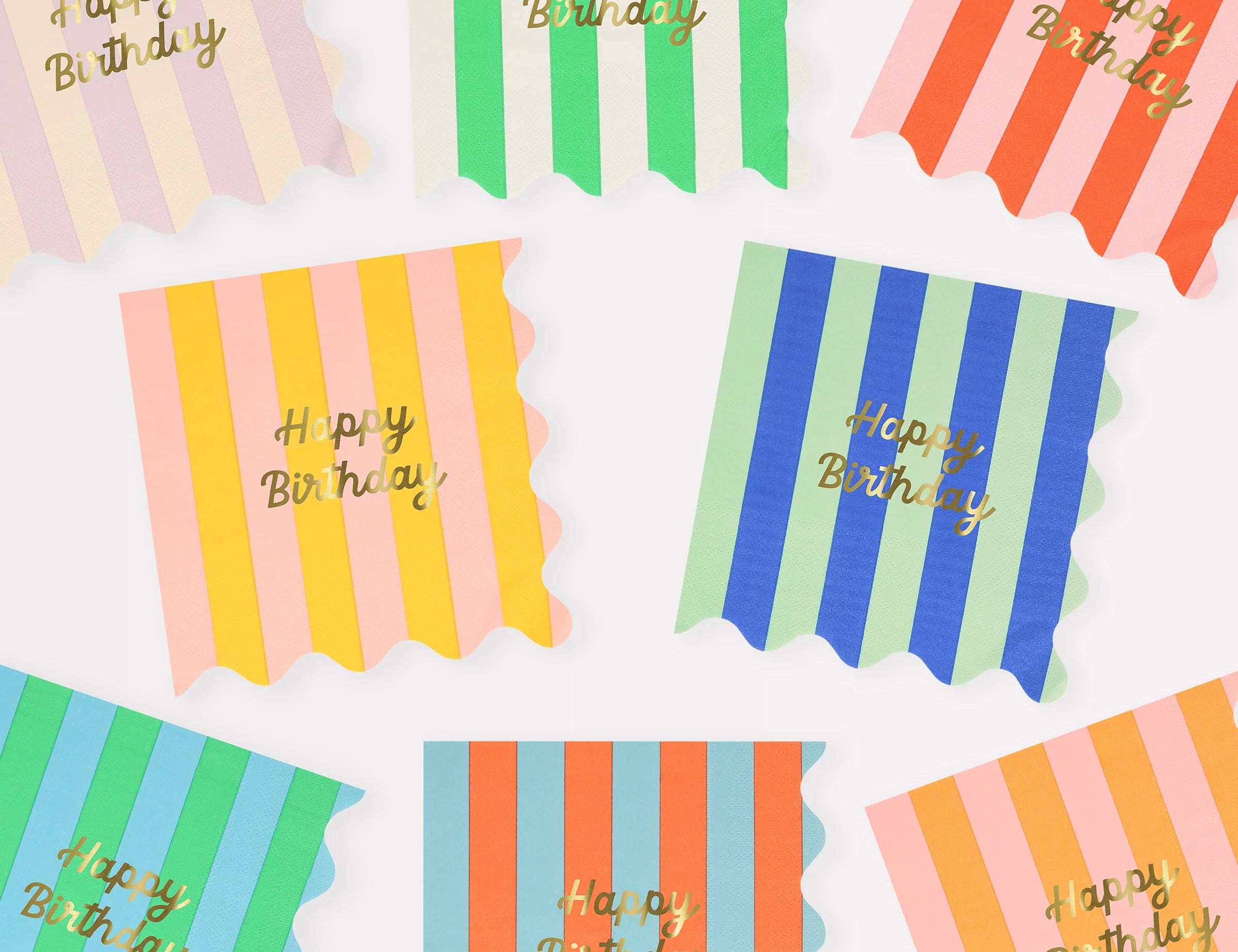 Meri Meri Stripe Happy Birthday Large Napkins in assorted colorful stripes with gold lettering