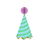 Meri Meri Stripe Party Hat in blue and mint stripes with a purple honeycomb pom-pom