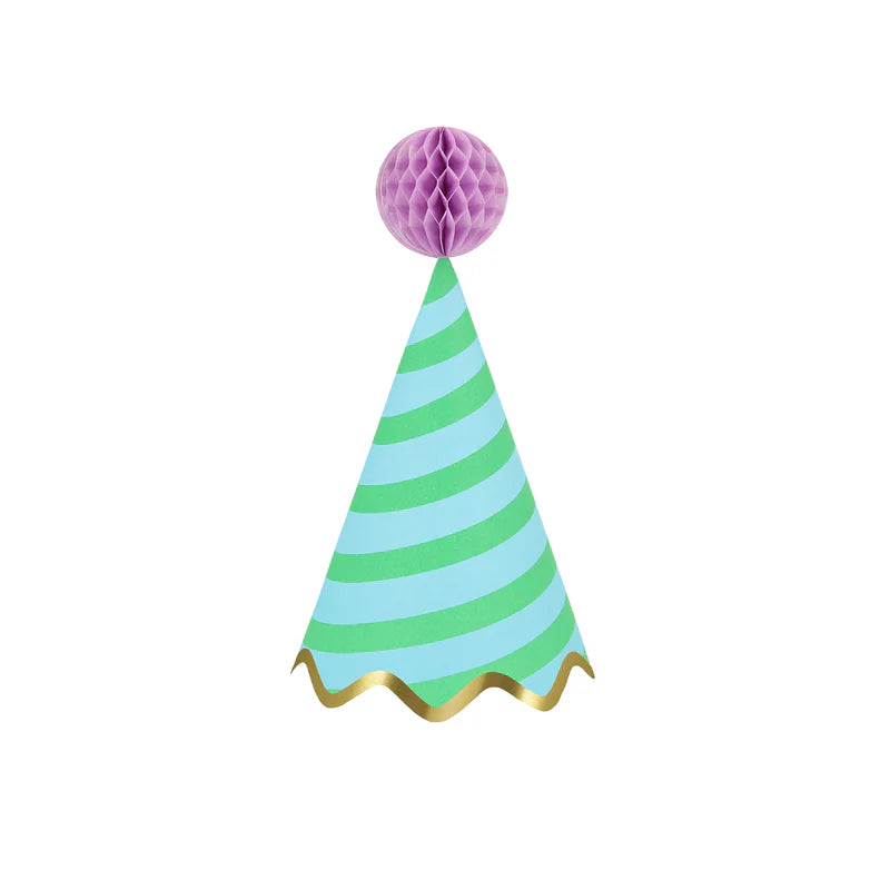 Meri Meri Stripe Party Hat in blue and mint stripes with a purple honeycomb pom-pom