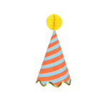 Meri Meri Stripe Party Hat in blue and orange stripes with a yellow honeycomb pom-pom