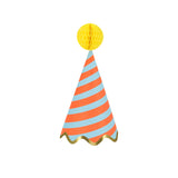 Meri Meri Stripe Party Hat in blue and orange stripes with a yellow honeycomb pom-pom