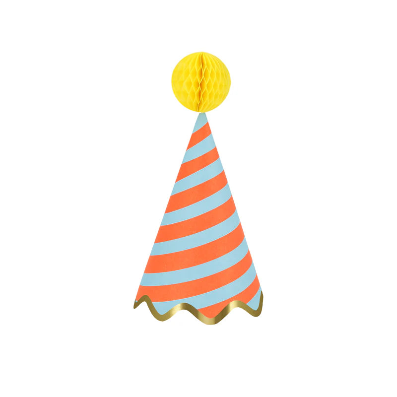 Meri Meri Stripe Party Hat in blue and orange stripes with a yellow honeycomb pom-pom
