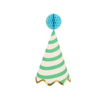 Meri Meri Stripe Party Hat in green and cream stripes with a blue honeycomb pom-pom