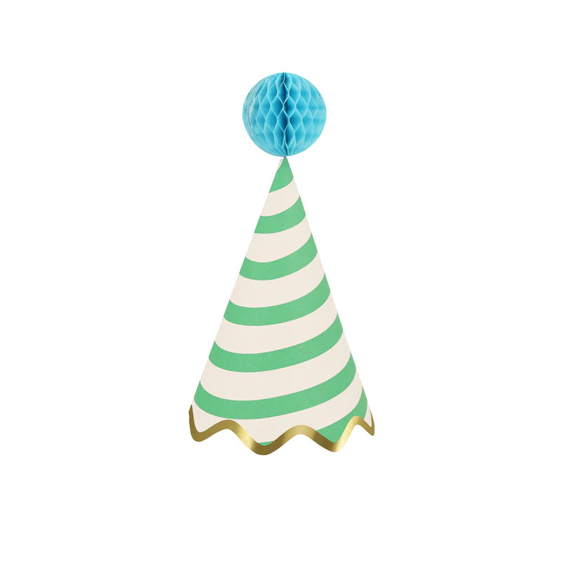 Meri Meri Stripe Party Hat in green and cream stripes with a blue honeycomb pom-pom