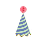 Meri Meri Stripe Party Hat in navy and mint stripes with a pink honeycomb pom-pom