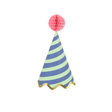 Meri Meri Stripe Party Hat in navy and mint stripes with a pink honeycomb pom-pom