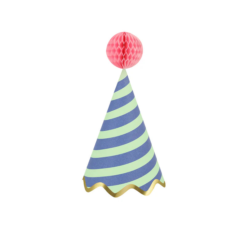 Meri Meri Stripe Party Hat in navy and mint stripes with a pink honeycomb pom-pom