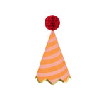 Meri Meri Stripe Party Hat in orange and pink stripes with a red honeycomb pom-pom