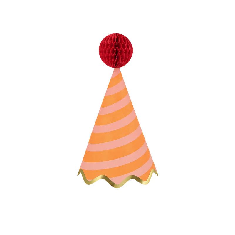Meri Meri Stripe Party Hat in orange and pink stripes with a red honeycomb pom-pom
