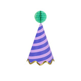 Meri Meri Stripe Party Hat in purple and lilac stripes with a mint honeycomb pom-pom