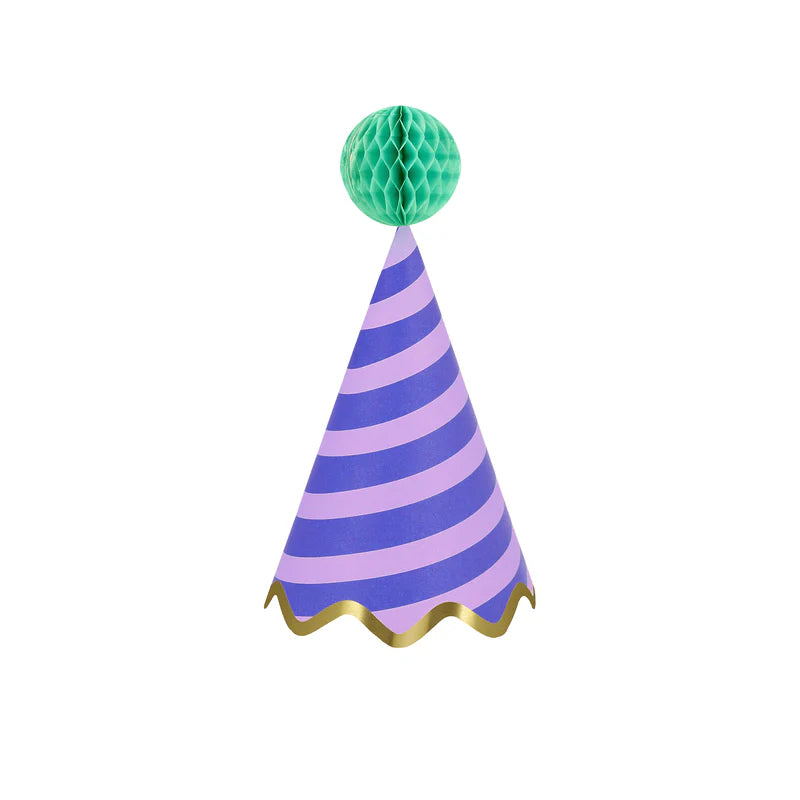 Meri Meri Stripe Party Hat in purple and lilac stripes with a mint honeycomb pom-pom