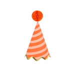 Meri Meri Stripe Party Hat in red and peach stripes with an orange honeycomb pom-pom