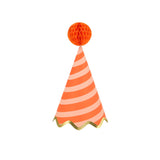 Meri Meri Stripe Party Hat in red and peach stripes with an orange honeycomb pom-pom