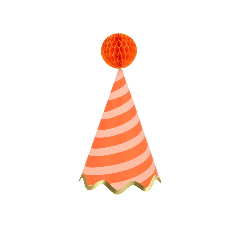 Meri Meri Stripe Party Hat in red and peach stripes with an orange honeycomb pom-pom