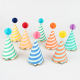 Meri Meri Stripe Party Hats, a set of striped cone hats in assorted colors with honeycomb pom-pom tops