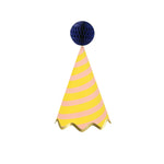 Meri Meri Stripe Party Hat in yellow and peach stripes with a navy honeycomb pom-pom