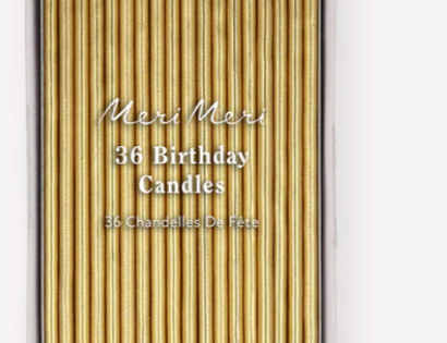 Meri Meri Super Skinny Gold Candles, 36 thin gold birthday candles in a box