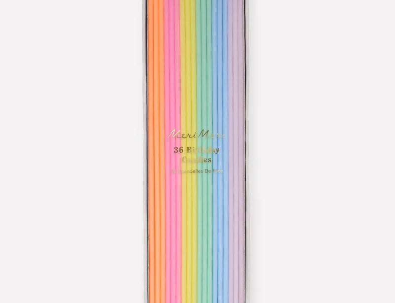 Meri Meri Super Skinny Mixed Candles, thin pastel rainbow birthday candles in a box