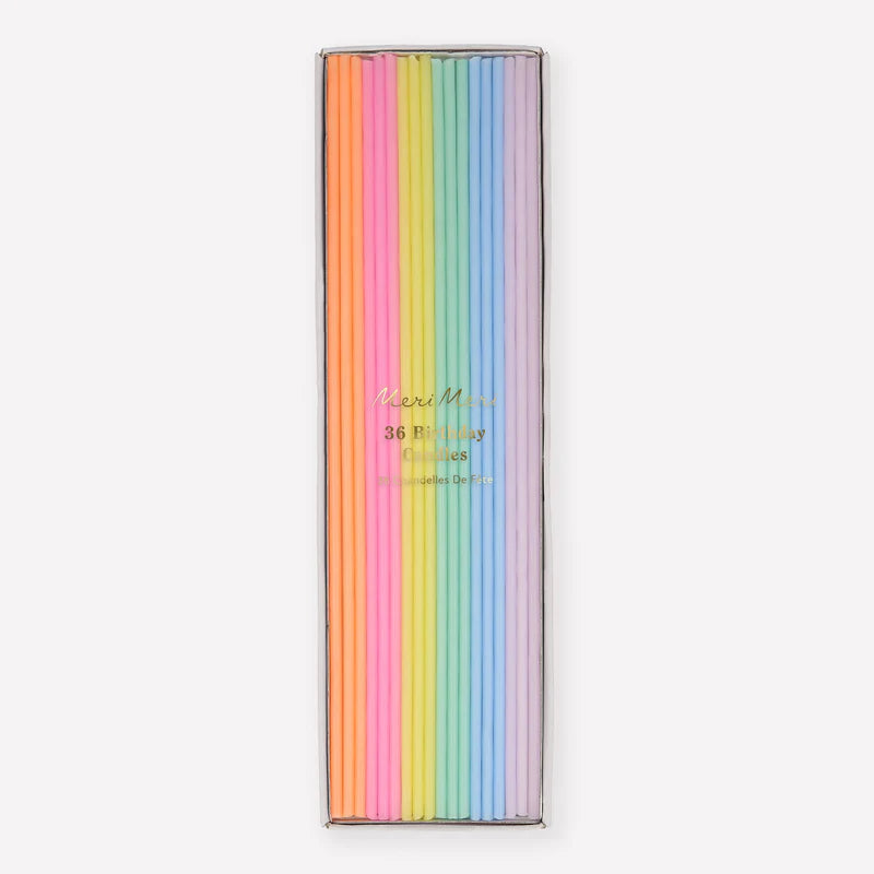 Meri Meri Super Skinny Mixed Candles, thin pastel rainbow birthday candles in a box