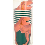 Meri Meri T-Rex Party Cups stacked in their clear packaging