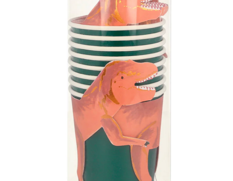 Meri Meri T-Rex Party Cups stacked in their clear packaging