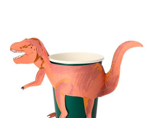 Meri Meri T-Rex Party Cup, a green cup wrapped with an illustrated orange T-rex