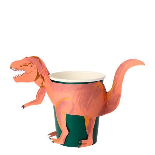 Meri Meri T-Rex Party Cup, a green cup wrapped with an illustrated orange T-rex