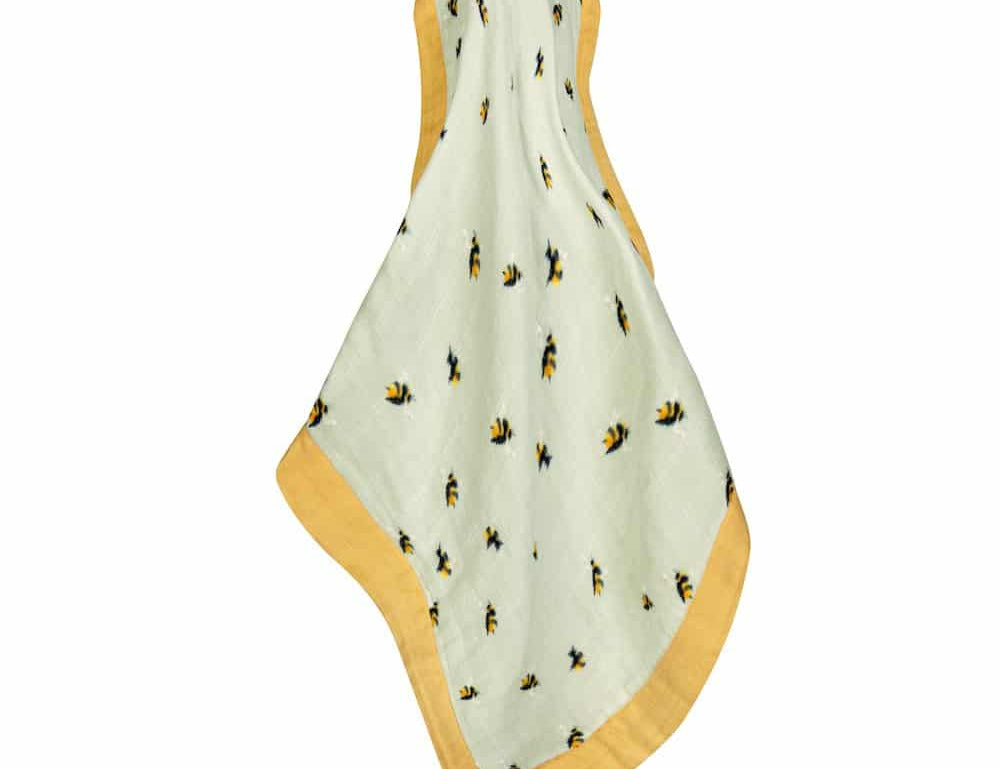 Milkbarn Bamboo Bumblebee Mini Lovey Blanket, small sage muslin square with bees and a mustard trim