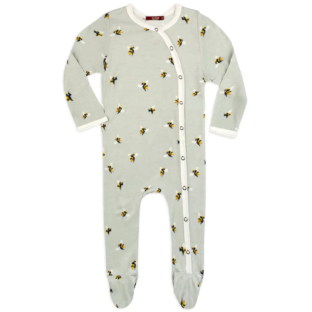 Milkbarn Bumblebee Footed Romper, a sage green long-sleeve baby romper with a bumblebee print