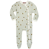 Milkbarn Bumblebee Footed Romper, a sage green long-sleeve baby romper with a bumblebee print