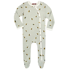 Milkbarn Bumblebee Footed Romper, a sage green long-sleeve baby romper with a bumblebee print