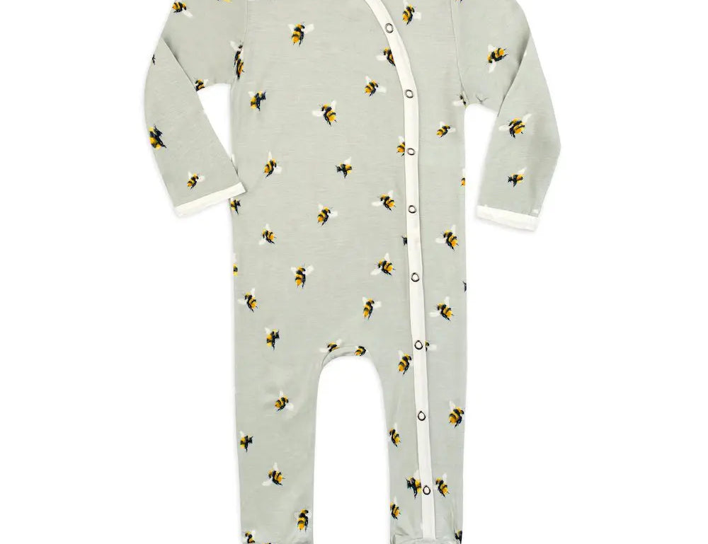 Milkbarn Bumblebee Footed Romper, a sage green long-sleeve baby romper with a bumblebee print