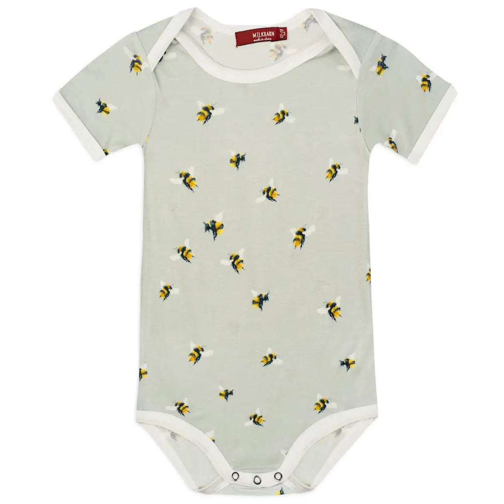 Milkbarn Bumblebee Short Sleeve One Piece, a sage green baby bodysuit with a bumblebee print