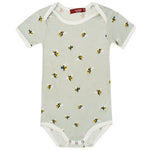 Milkbarn Bumblebee Short Sleeve One Piece, a sage green baby bodysuit with a bumblebee print