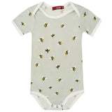 Milkbarn Bumblebee Short Sleeve One Piece, a sage green baby bodysuit with a bumblebee print