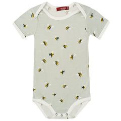 Milkbarn Bumblebee Short Sleeve One Piece, a sage green baby bodysuit with a bumblebee print