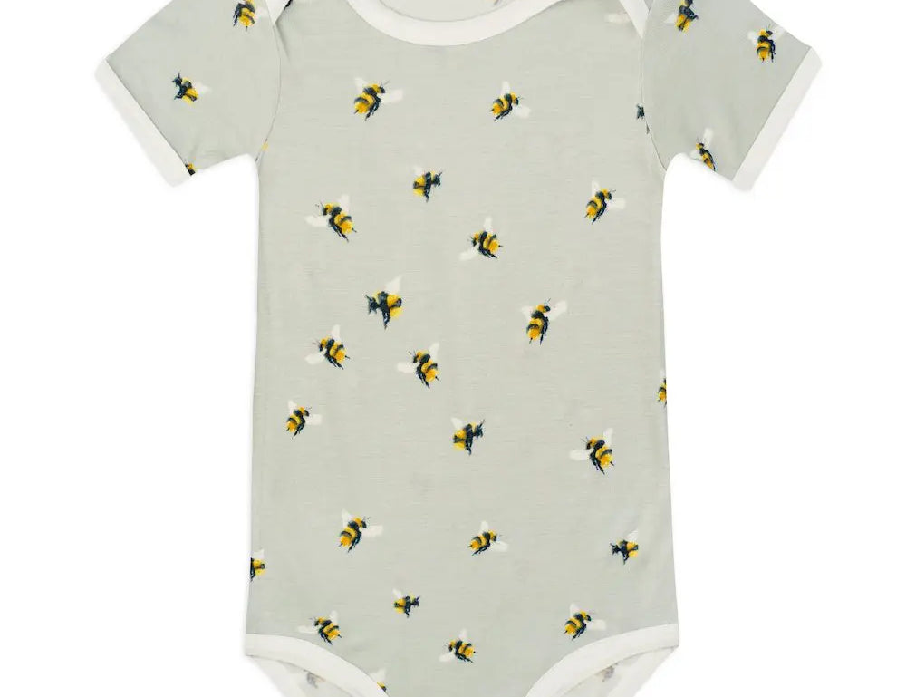 Milkbarn Bumblebee Short Sleeve One Piece, a sage green baby bodysuit with a bumblebee print