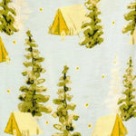 Close-up of the pine tree and yellow tent print on the Milkbarn Camping Two-Piece Burp Cloth Set