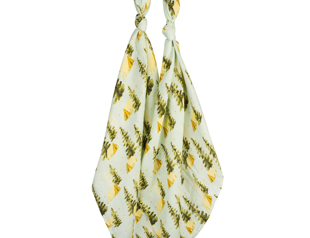 Milkbarn Camping Two-Piece Burp Cloth Set, two light blue cloths with a pine tree and tent print