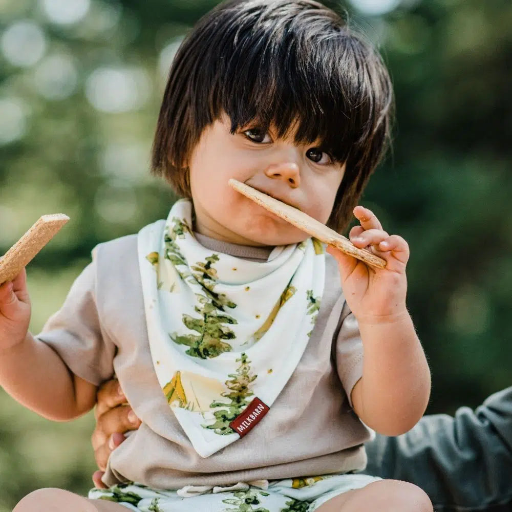 Toddler outdoors wearing the Milkbarn Camping Three-Layer Kerchief Bib while eating a snack