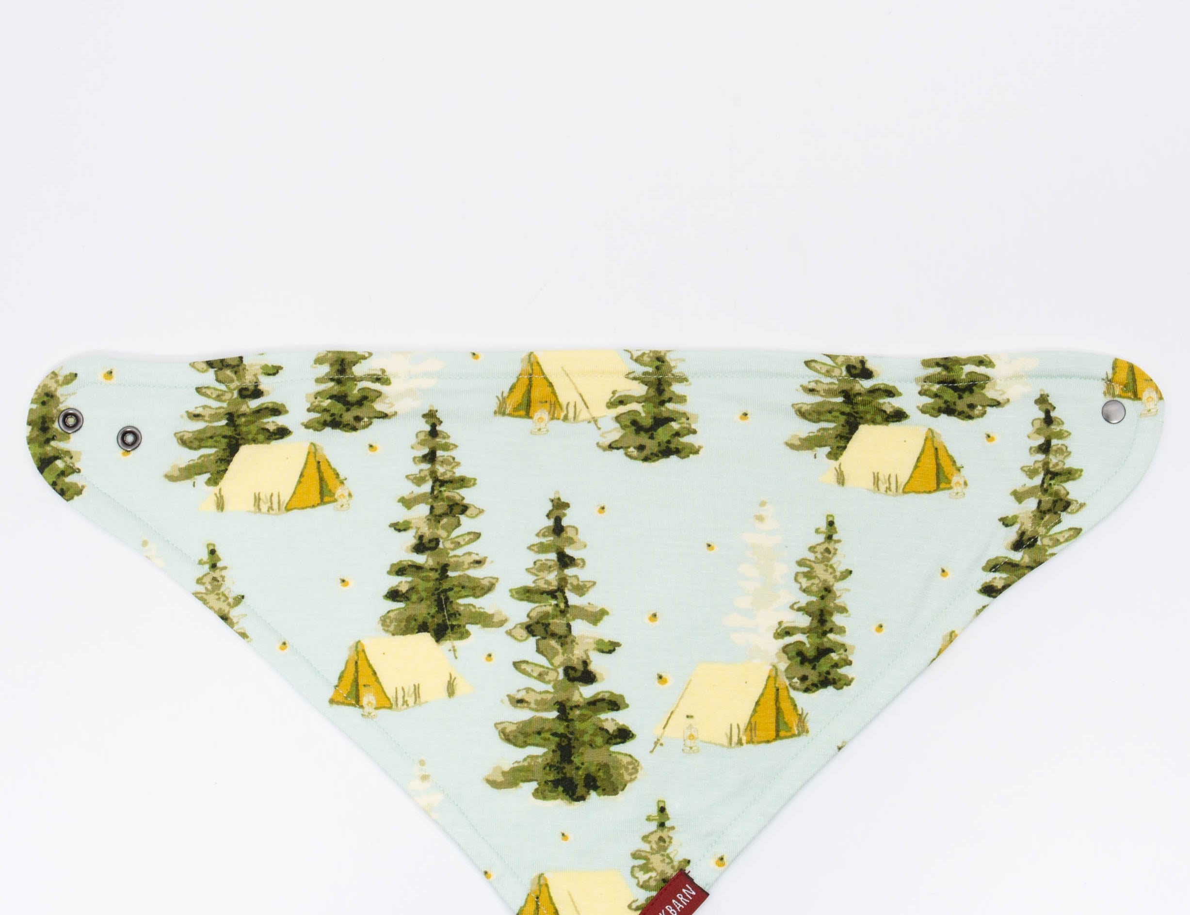 Milkbarn Camping Three-Layer Kerchief Bib, a light blue bandana bib with a pine tree and tent print