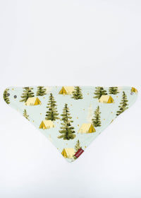 Milkbarn Camping Three-Layer Kerchief Bib, a light blue bandana bib with a pine tree and tent print