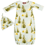 Milkbarn Camping Newborn Gown & Hat Set, a light blue gown and knotted hat with a pine tree and tent print