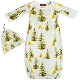 Milkbarn Camping Newborn Gown & Hat Set, a light blue gown and knotted hat with a pine tree and tent print